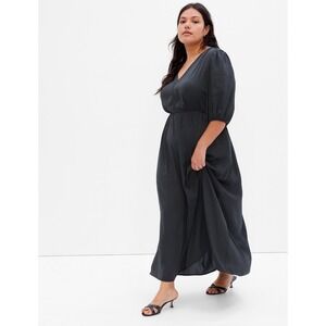Gap Womens Black Satin Open Back‎ V-Neck Puff Sleeve Maxi Dress Tie Back
